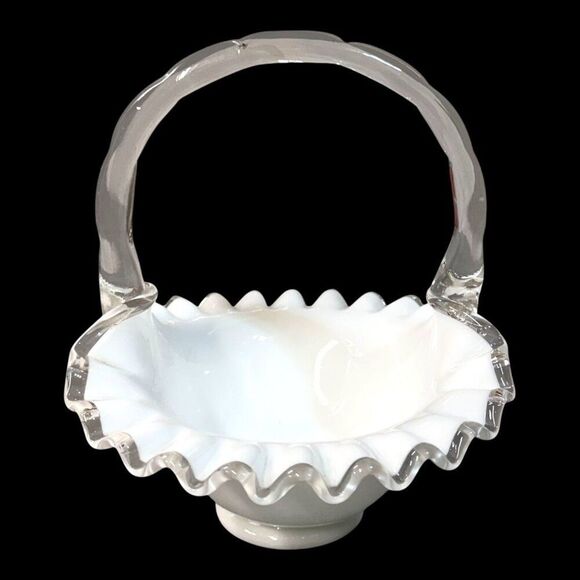 Fenton Silver Crest Reed White Milk Glass Ruffled Basket With Clear Handle Vtg - Picture 1 of 8